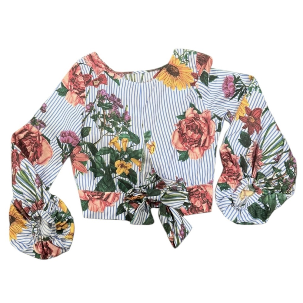 Jeuvre Floral and Stripes Balloon Sleeve Tie-Back Cropped Top - Picture 5 of 15